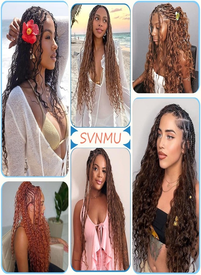 SVNMU 8 عبوات من ضفائر الكروشيه البوهيمية، شعر بشري مموج، طول 18 بوصة، 96 خصلة، لون #1B، تموجات عميقة، ضفائر بوكس بوهيمية، أطراف مجعدة مصنوعة يدويًا - Image 5